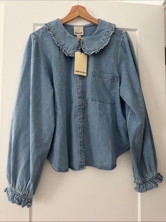 INDUSTRY Tops - NWT! ✨ INDUSTRY Light Blue Denim Button-Down Shirt with Ruffle Collar